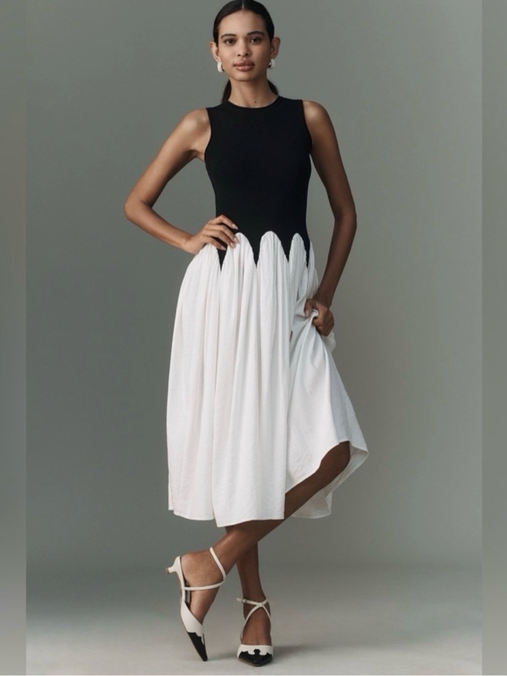 Anthropologie Siempre Michelle Colorblock Scallop Midi Fall Dress Black White L